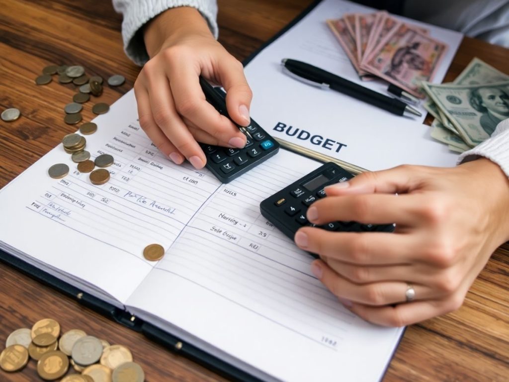 Persoană care calculează bugetul pe o masă de lemn.