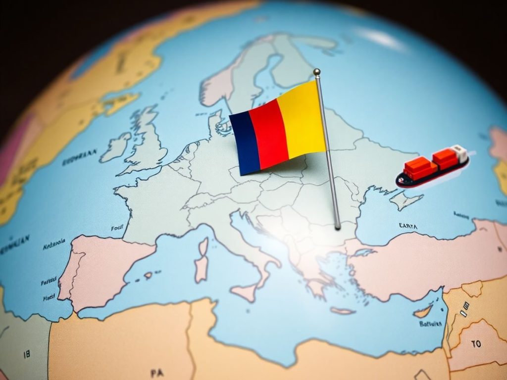 Harta lumii, steag românesc, containere de transport maritim.